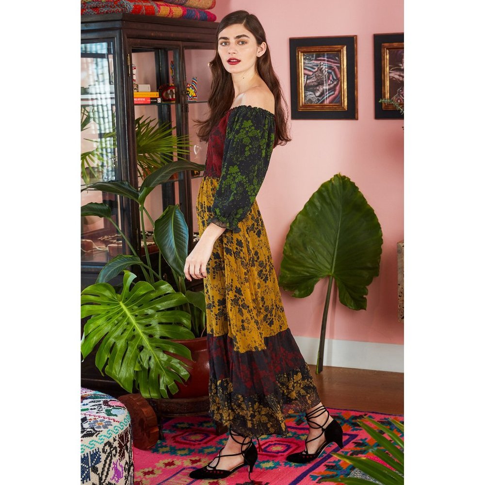Carolina K yellow red green colorblock floral silk tier off shoulder maxi dress